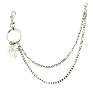 Close-up of double-layered silver metal pants chain featuring hollow cross pendants