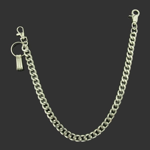 Silver metal punk style trouser chain for men featuring lobster clasps and tags