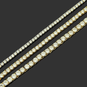 Detailed comparison of three widths of gold plated tennis chains with zircon stones