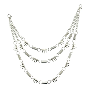Three-layer silver punk wallet chain with metal coils and spikes for jeans