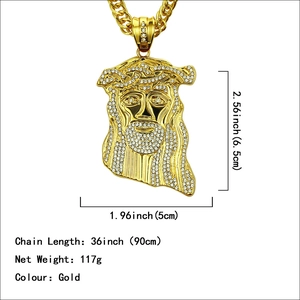 Gold plated hip hop Jesus pendant with iced out rhinestones and long chunky chain