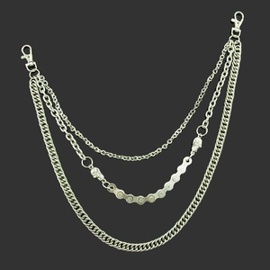 Three-layer silver punk pant chain with skull charms and heavy metal bike links