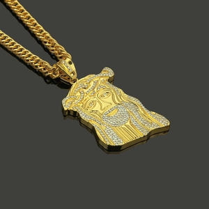 Gold plated hip hop Jesus pendant necklace with white rhinestones on Cuban chain
