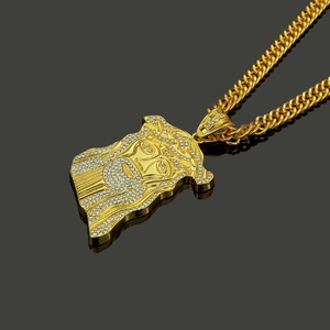 Iced out gold Jesus piece pendant necklace with micro pave stones and cuban link chain