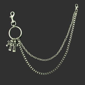 Chaîne de pantalon hip-hop argentée à double épaisseur avec trois pendentifs en croix