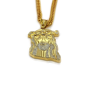 Hip hop style gold plated Jesus pendant necklace with Cuban chain and cubic zirconia