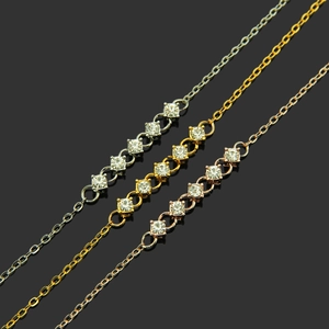 Three minimalist link bracelets in silver gold and rose gold with square zircons