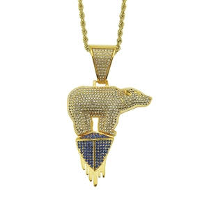 Hip hop gold plated polar bear pendant necklace with white and blue rhinestones