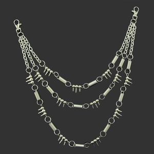 Three-layer silver metal punk pants chain with lobster clasps and spike charms for men