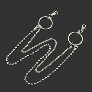 Double-layered silver metal pants chain featuring beaded and twisted links with lobster clasps