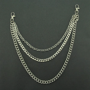 Three-layer silver metal pants chain with Cuban links and lobster clasps for men