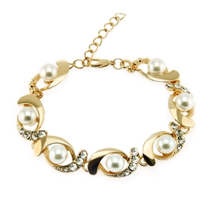 Elegant Alloy Faux Artificial Pearl Bracelet For Women Shiny Rhinestone Inlaid Geometric S-Link Chain Bracelet Wedding Party Jewelry