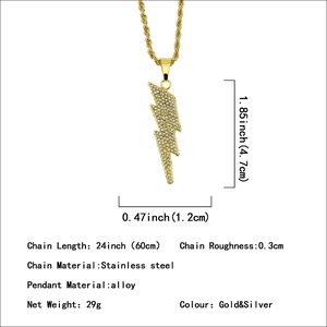 Iced out lightning bolt pendant necklace in gold finish with stainless steel twist chain