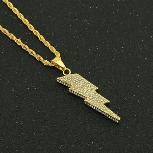 Hip hop lightning bolt pendant necklace with gold rope chain and sparkling rhinestones