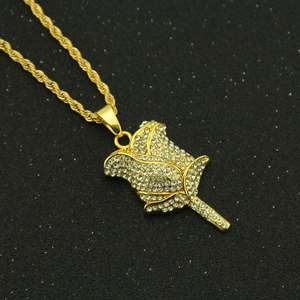 3D iced out rose pendant necklace with gold rope chain and sparkling rhinestones