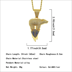 Hip hop polar bear pendant necklace in gold alloy with blue and white crystals