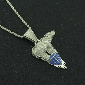 Hip hop iced out silver polar bear pendant necklace with blue crystals on rope chain