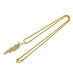Gold lightning bolt pendant necklace with sparkling rhinestones and rope chain