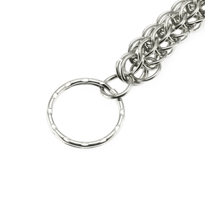 Polished silver metal wallet chain with intricate woven ring links and O-ring connector