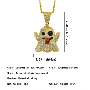Pendentif fantôme emoji serti de cristaux avec chaîne dorée pour style hip hop chic