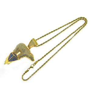 Iced out polar bear pendant necklace with blue and white zircons on a gold rope chain