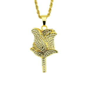 Hip Hop Iced Out Rose Flower Pendant Necklace For Men Women Alloy Rhinestone Stereoscopic Floral Jewelry Stainless Steel Rope Chain
