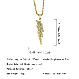 Iced out lightning bolt pendant with gold rope chain and full product dimensions