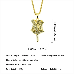 Hip hop style gold rose flower pendant necklace with diamonds on a twist chain