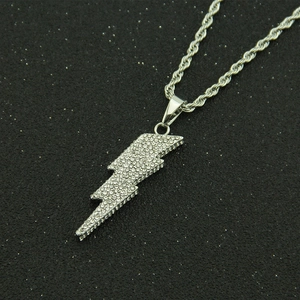 Hip hop silver flash lightning bolt pendant necklace with micro paved rhinestones