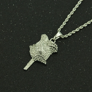 Hip hop rose flower pendant necklace with shimmering crystals and classic silver rope chain