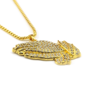 Hip-hop praying hands pendant necklace with sparkling crystals on a golden bead chain
