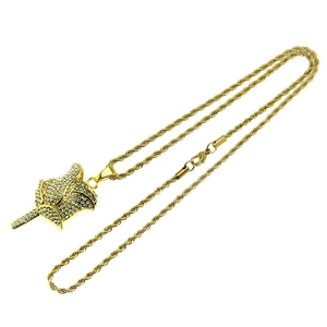 Iced out gold rose flower pendant necklace with clear rhinestones on rope chain