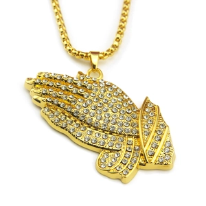 Hip hop gold plated praying hands pendant necklace with sparkling white rhinestones