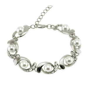 Minimalist silver pearl bracelet with sparkling rhinestones and adjustable lobster clasp