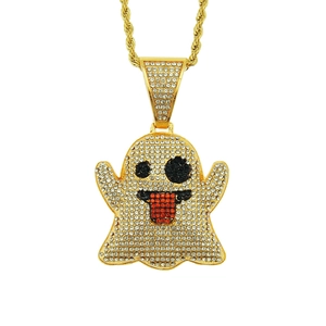 Pendentif fantôme hip hop doré avec strass scintillants et chaîne torsadée élégante