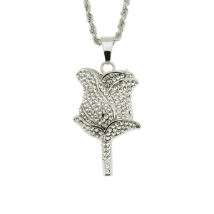 Hiphop silver rose pendant necklace with iced-out crystals and a sturdy rope chain