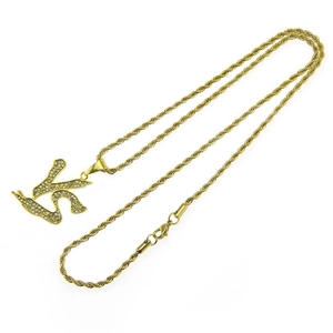 Collier hip hop plaqué or avec pendentif lettre K serti de strass sur chaîne corde
