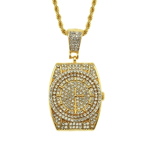 Collier hip hop avec pendentif en forme de montre serti de diamants et chaîne corde