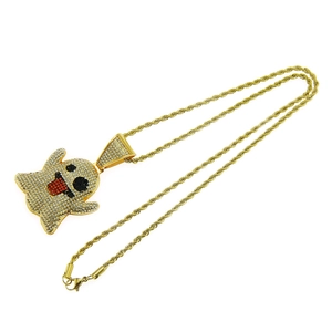 Collier hip hop avec pendentif fantôme doré serti de cristaux colorés et chaîne corde