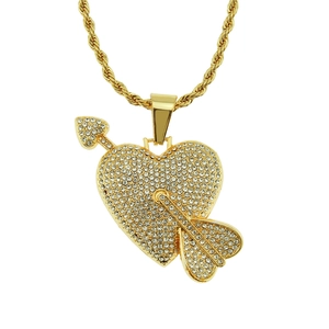 Hip hop heart pendant necklace with Cupid's arrow and iced-out crystals on rope chain
