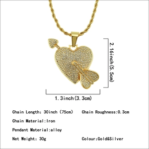 Iced out heart and arrow pendant necklace with 30-inch gold rope chain for hip hop style