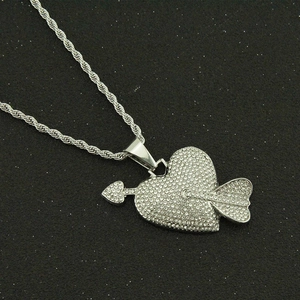 Hip hop heart pendant necklace with Cupid arrow and iced out rhinestones on twist chain