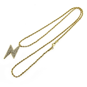 Pendentif éclair hip-hop avec cristaux blancs et chaîne corde dorée
