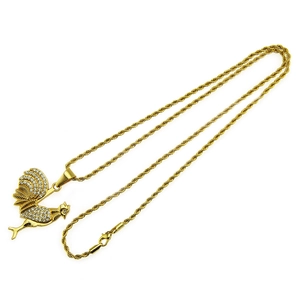 Retro goldene Hahn-Halskette mit weißen Zirkonia-Steinen und gedrehter Seilkette für Damen