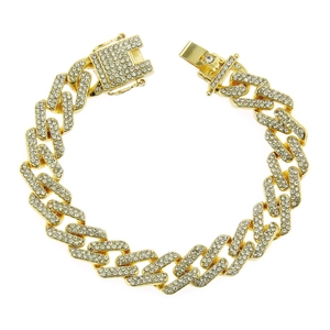 Chunky gold Cuban link bracelet for men with sparkling clear rhinestones and box clasp