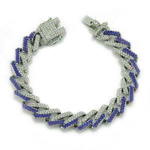 Close-up of Cuban chain link bracelet with blue and white rhinestones and box clasp