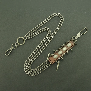 Punk Hip Hop Metal Pant Chain For Men Vintage Leather Patch Waist Chain With Spikes And Antique Silver Cuban Chain Jewelry