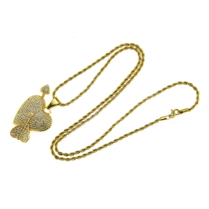 Hip hop cupid's arrow heart pendant necklace with rhinestones on a gold rope chain