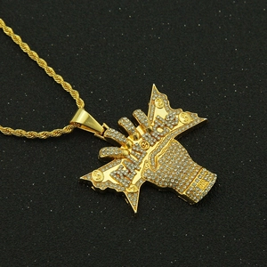 Collana hip hop color oro con ciondolo a pugno e segno del dollaro con zirconi lucidi