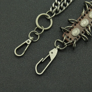 Industrial punk heavy metal wallet chain with vintage silver links and leather accent